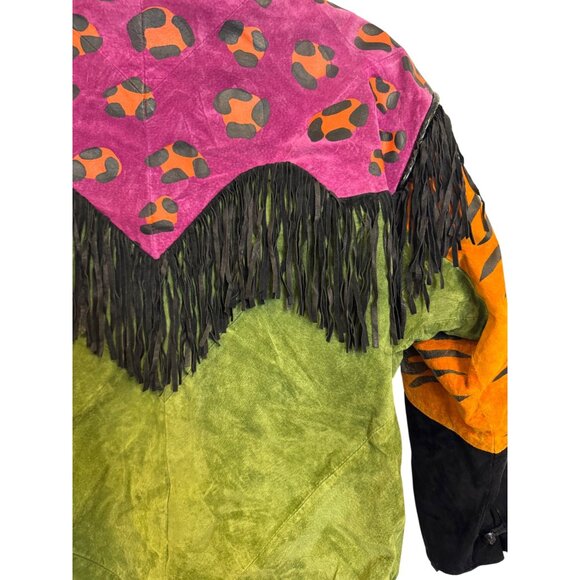 Vintage Char Womens Genuine Leather Fringe Jacket S Multicolor Animal Print Sant - Picture 10 of 12